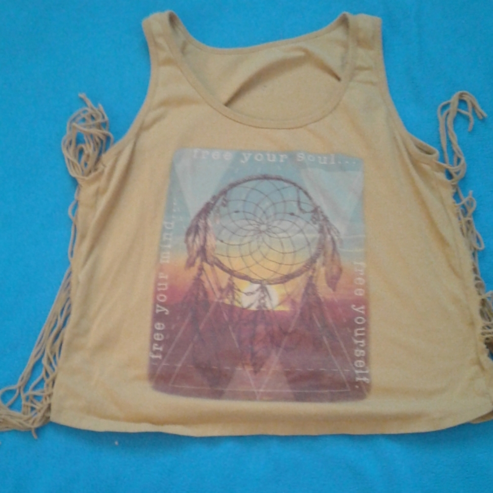 Yellow tank top with fringe on the sides